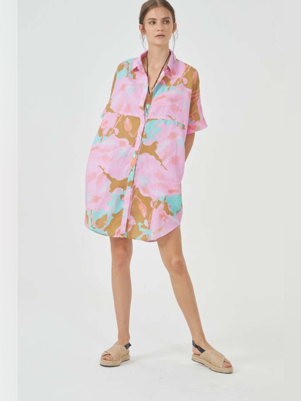 LANHTROPY 100% LINEN ALBA SHIRT DRESS AQUARELA L/XL Boho Chic Artsy Lagenlook